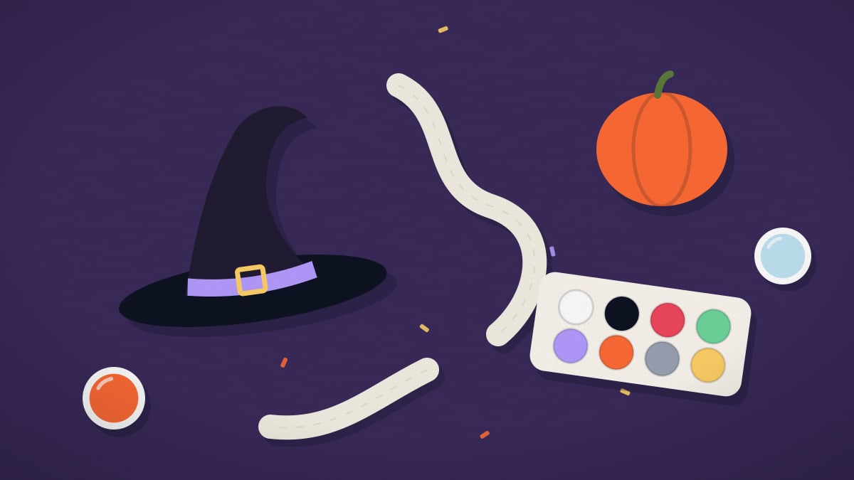 Disfraces de Halloween en grupo: sombrero de bruja, vendas de momia, una calabaza y pinturas de maquillaje sobre una mesa morada
